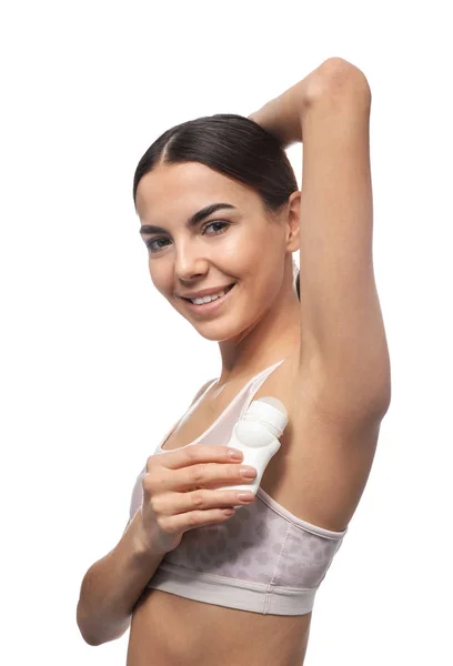 Молода Жінка Використовує Дезодорант Білому Тлі — стокове фото
