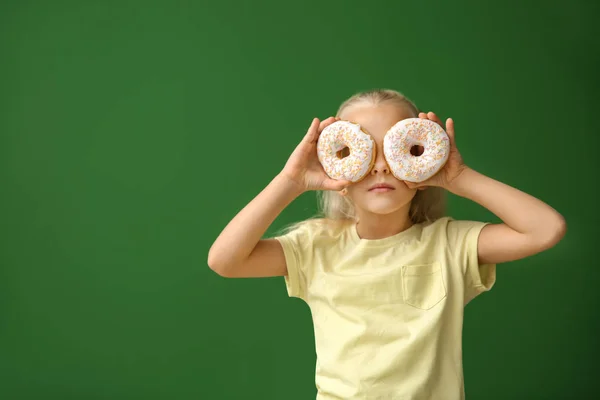 Cute Little Girl Donuts Color Background — Stock Photo, Image