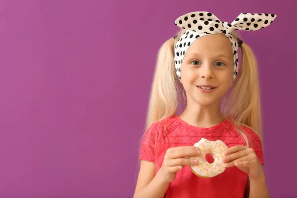 Cute Little Girl Donut Color Background — Stock Photo, Image