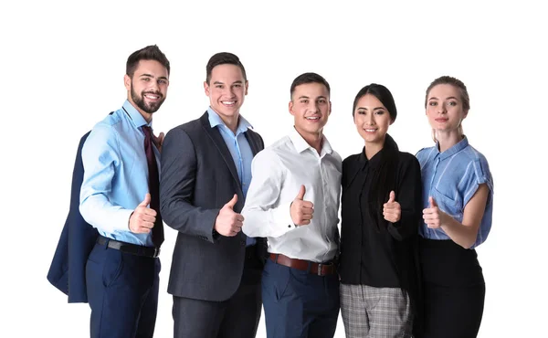 Jóvenes Mostrando Gesto Pulgar Hacia Arriba Sobre Fondo Blanco — Foto de Stock