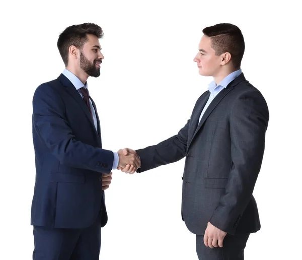 Jonge Ondernemers Schudden Handen Witte Achtergrond — Stockfoto