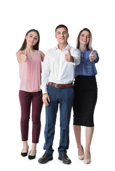 Jóvenes Mostrando Gesto Pulgar Hacia Arriba Sobre Fondo Blanco — Foto de Stock