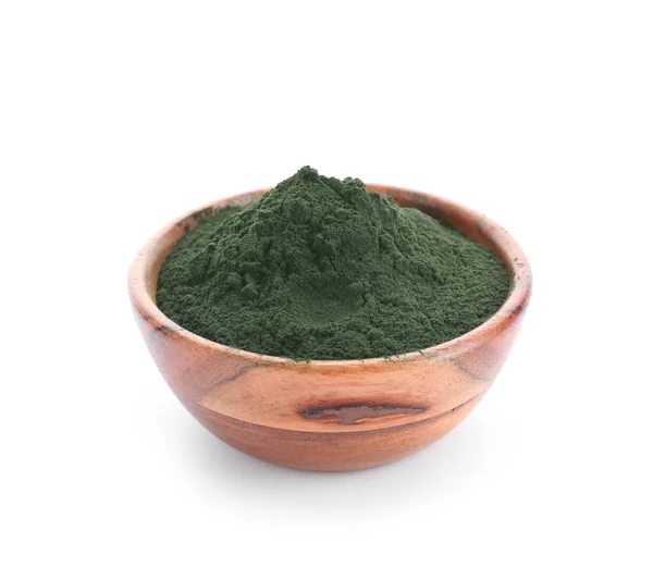 Tigela Com Espirulina Sobre Fundo Branco — Fotografia de Stock