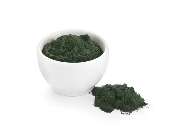 Skål Med Spirulina Pulver Vit Bakgrund — Stockfoto