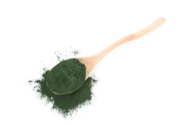 Löffel Mit Spirulinapulver Auf Weißem Hintergrund — Stockfoto