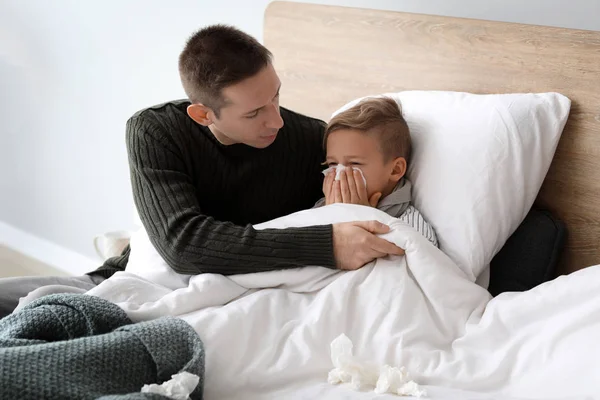 Father Taking Care His Son Ill Flu Home — Stock Photo, Image