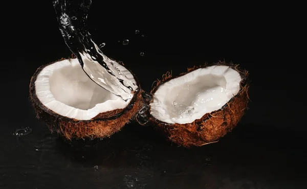 成熟的椰子和飞溅的水在黑暗的背景 — 图库照片
