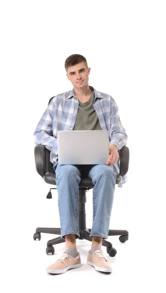 Молодой Человек Ноутбуком Сидит Кресле Белом Фоне — стоковое фото