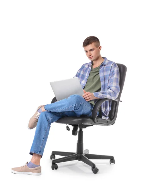 Young Man Laptop Sitting Armchair White Background — Stock Photo, Image