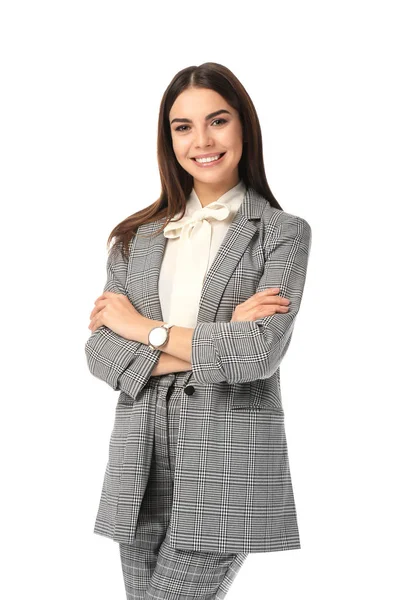 Porträt Der Schönen Geschäftsfrau Auf Weißem Hintergrund — Stockfoto