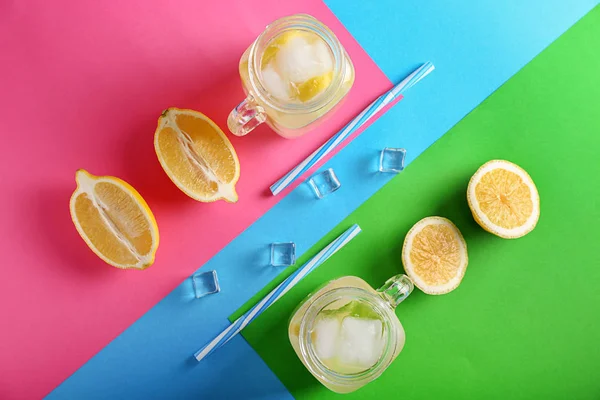 Composition Tasty Lemonade Color Background — Stock Photo, Image
