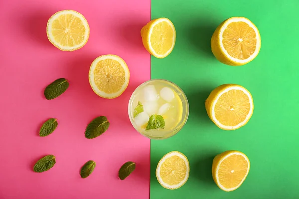 Composition Tasty Lemonade Color Background — Stock Photo, Image