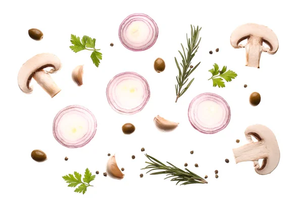 Different Vegetables Mushrooms Herbs Spices White Background — Stock Photo, Image