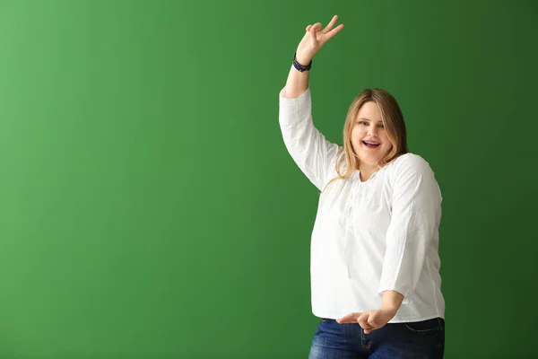 Happy Size Girl Color Background Concept Body Positivity — Stock Photo, Image