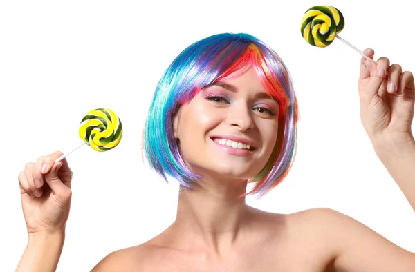 Beautiful Young Woman Sweet Lollipops Colorful Wig White Background — Stock Photo, Image