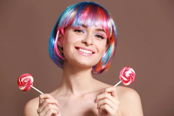 Beautiful Young Woman Sweet Lollipops Wig Color Background — Stock Photo, Image