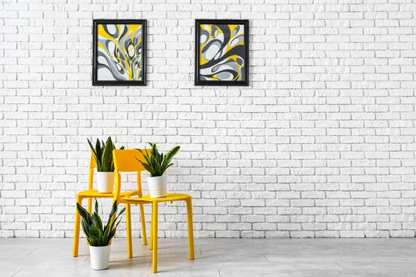 Chairs Houseplants White Brick Wall — Stock Photo, Image