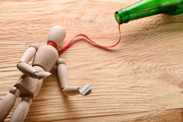 Mannequin Empty Bottle Wooden Background Concept Alcoholism — Stock Photo, Image