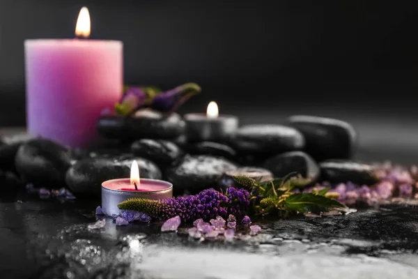 Candles Spa Stones Flowers Dark Background — Stock Photo, Image