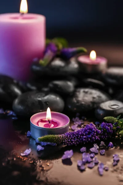 Candles Spa Stones Flowers Dark Background — Stock Photo, Image