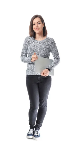 Junge Frau Mit Laptop Auf Weißem Hintergrund — Stockfoto