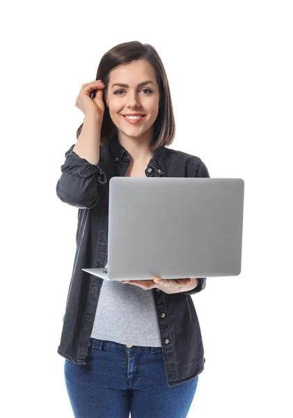 Giovane Donna Con Computer Portatile Sfondo Bianco — Foto Stock