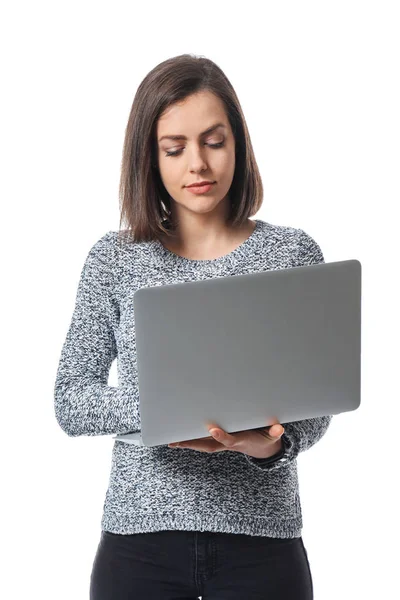 Young Woman Laptop White Background — Stock Photo, Image