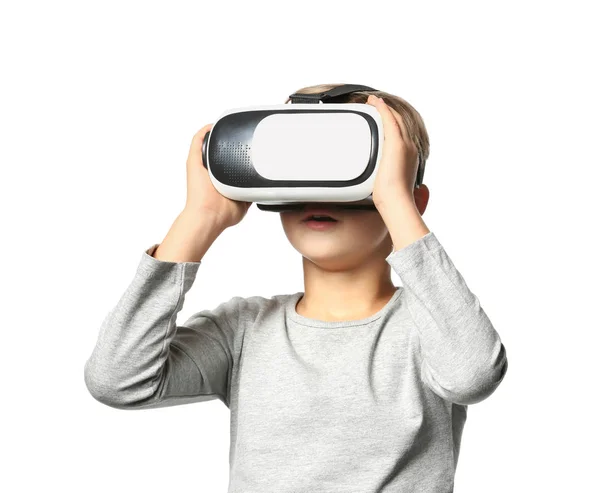 Ragazzo Carino Con Occhiali Realtà Virtuale Sfondo Bianco — Foto Stock