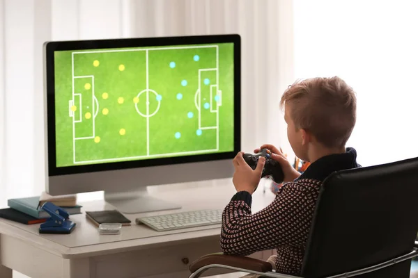 Cute Little Boy Playing Computer Game Home — Stock Photo, Image