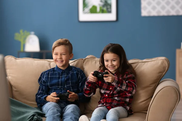 Cute Little Children Playing Computer Game Home — Stock Photo, Image