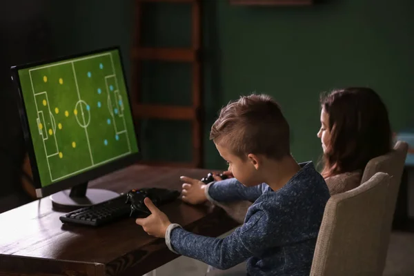 Cute Little Children Playing Computer Game Home — Stock Photo, Image