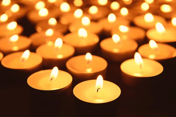 Beautiful Burning Candles Dark Background Closeup — Stock Photo, Image