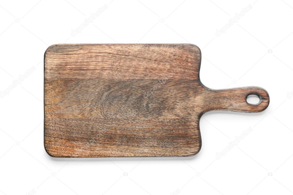 Wooden cutting board on white background