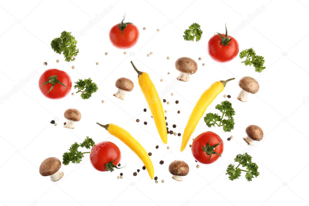 Different vegetables, herbs and spices on white background