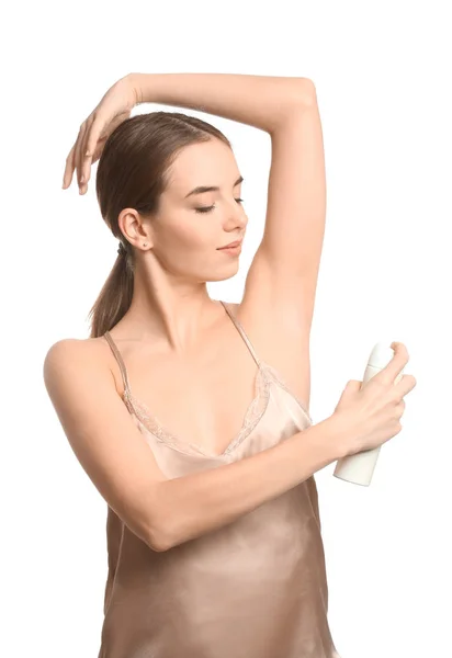 Bella Giovane Donna Con Deodorante Sfondo Bianco — Foto Stock