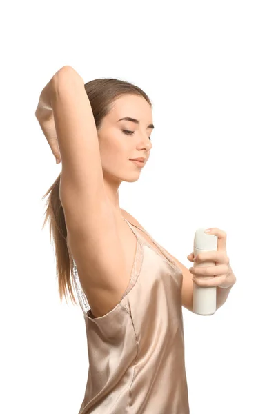 Hermosa Joven Con Desodorante Sobre Fondo Blanco —  Fotos de Stock