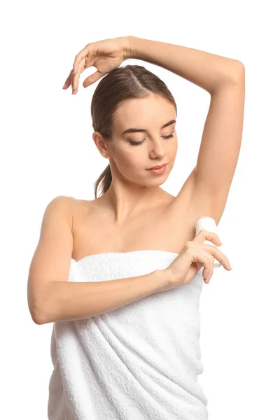 Beautiful Young Woman Deodorant White Background — Stock Photo, Image