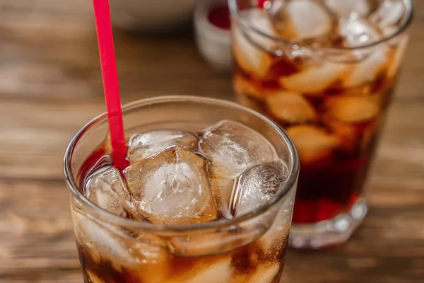 Glass Tasty Cold Cola Drink Table Closeup — Stock Photo, Image