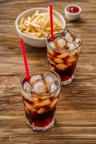Glasses Tasty Cold Cola Drink Wooden Table — Stock Photo, Image