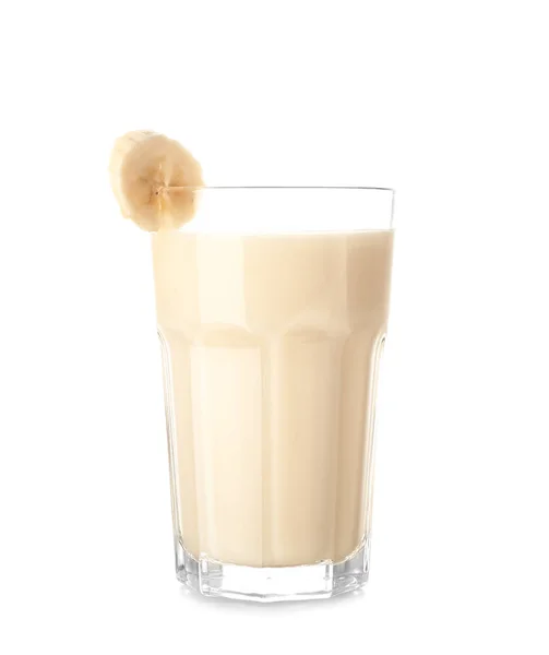 Glass Tasty Banana Milkshake White Background — Stock Photo, Image