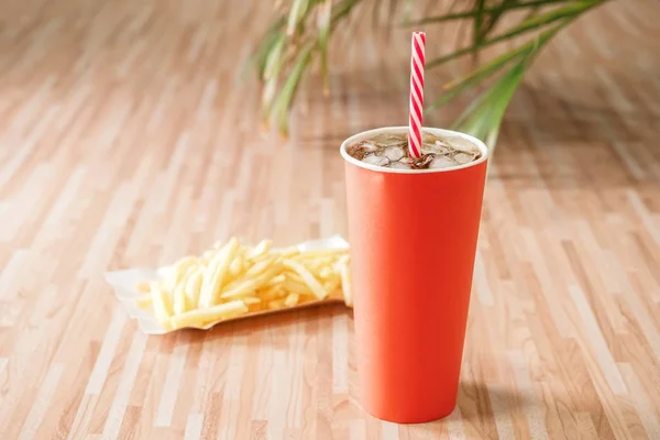 Cup Tasty Cold Cola Drink French Fries Wooden Table — Stock Photo, Image