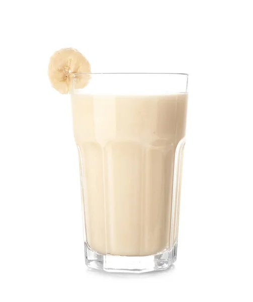 Glass Tasty Banana Milkshake White Background — Stock Photo, Image