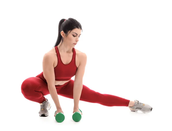 Sporty Muscular Woman Dumbbells White Background — Stock Photo, Image