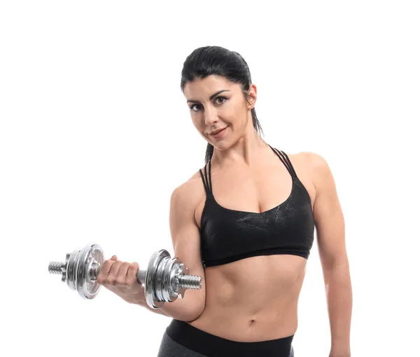 Sporty Muscular Woman Dumbbell White Background — Stock Photo, Image