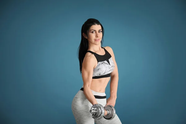 Sporty Muscular Woman Dumbbell Color Background — Stock Photo, Image