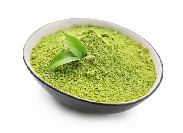 Schüssel Mit Gepudertem Matcha Tee Auf Weißem Hintergrund — Stockfoto