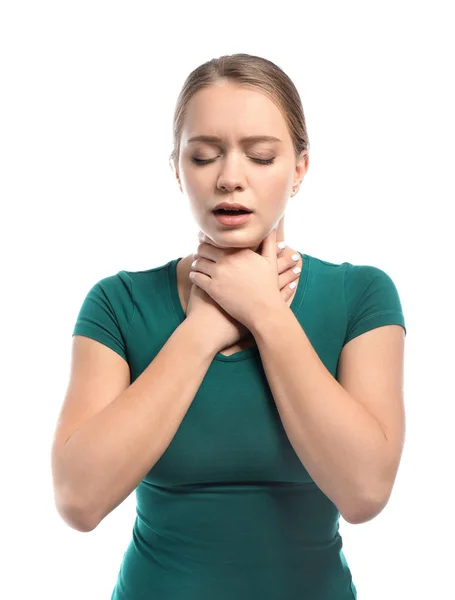 Junge Frau Mit Asthmaanfall Auf Weißem Hintergrund — Stockfoto