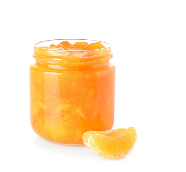 Jar Tasty Tangerine Jam White Background — Stock Photo, Image