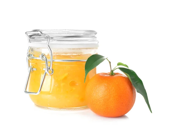 Jar Tasty Tangerine Jam White Background — Stock Photo, Image