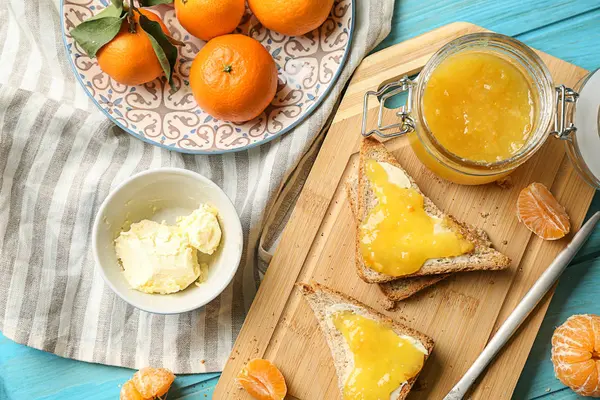 Bread Butter Tasty Tangerine Jam Wooden Table — Stock Photo, Image